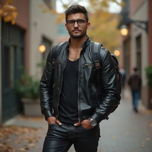 an insanely handsome muscular college professor, who is an immortal werewolf, wearing leather jacket, tank top, and leather pants, on campus, wearing smartwatch, glasses, boots, backpack













