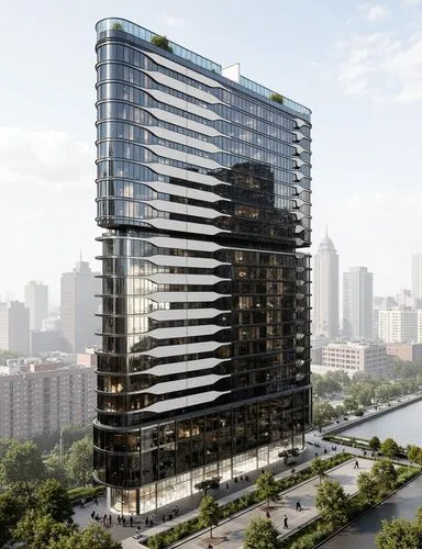 Modern winning award architectue, glass facade with white aluminium horizontal fins extruded to form the shadow, located in the hear of city, with big plaza in font, many people walking, nice landscap