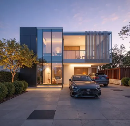 a mercedes parked in a driveway of a modern house,modern house,modern architecture,cube house,cubic house,dunes house,contemporary,modern style,residential,cantilevers,luxury home