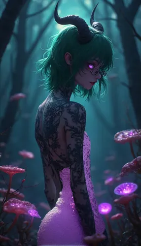 a woman standing in the middle of a forest with demon horns on her head,fae,fantasia,ursula,tira,ivy,bjd,fairie,elf,unkei,esmeralda,melora,edna,background ivy,kubera,vada,tiana,dryad,rusalka,jade,faun