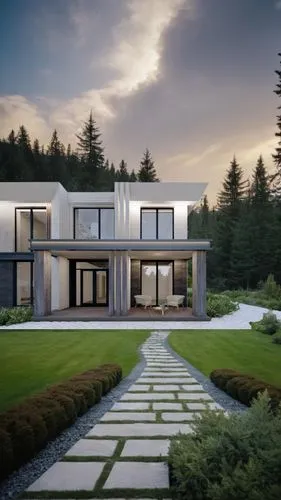 realistic surroundings of the architecture of a residential building. Stone paths lead to the entrance to the house, coniferous trees in the background, plants, shrubs. Blue sky ,modern house,modern a