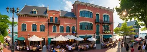 the sun is high in the sky, casting a golden glow over the bustling streets. Lunchtime crowds gather in parks and outdoor seating areas, savoring sandwiches and salads while soaking up the warmth of t