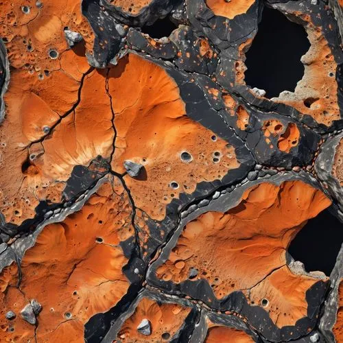 roccia spaccata nera con all'interno minerali preziosi arancione ,the black and orange rocks are all ed up,solidified lava,lava river,lunar landscape,volcanism,volcanic landscape,hydrothermal,lava flo