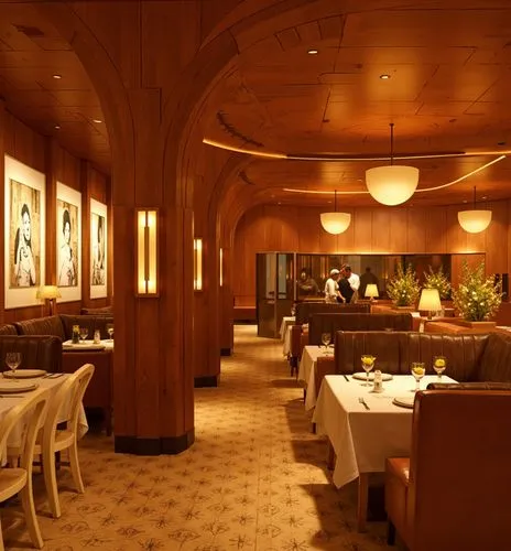 A high-end fine dining restaurant with warm wooden interiors and art deco-inspired architecture. The curved wooden columns and patterned flooring set the tone for an elegant evening ambiance. Booth se