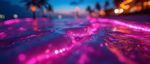 miami beach,cyberpunk,colorful lights are glowing in the evening on a beach,colorful water,water splash,purple wallpaper,ultraviolet,outrun,light trail,tidal wave,splash photography,colored lights,wat