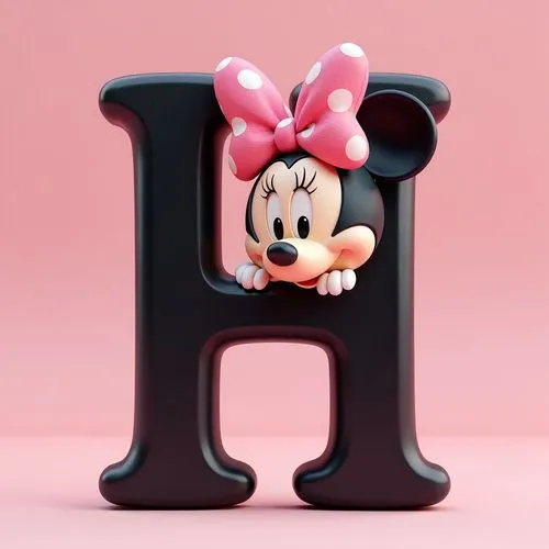 genereta an image of the letter "H". The letter should be black, inspired by the classic Disney font. There should be a Minnie Mouse in rose.
,a close up of a letter with minnie mouse figuri
