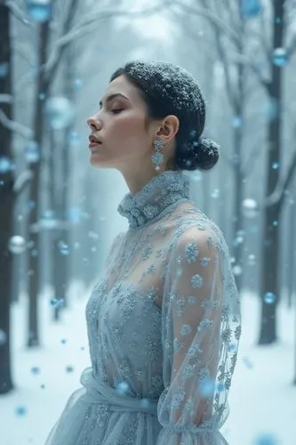 a woman in a gown stands in front of trees,the snow queen,snow white,white rose snow queen,winter dream,eternal snow,ice queen,winterblueher,unfrozen,winter magic,refrozen,frozen,karenina,snow angel,s