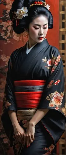 oil painting on heavy canvas: Geisha in black Kimono,a woman in traditional japanese clothing standing with a fan,geisha,geisha girl,geiko,maiko,harumafuji,japanese woman,hakuho,geishas,japanese art,u