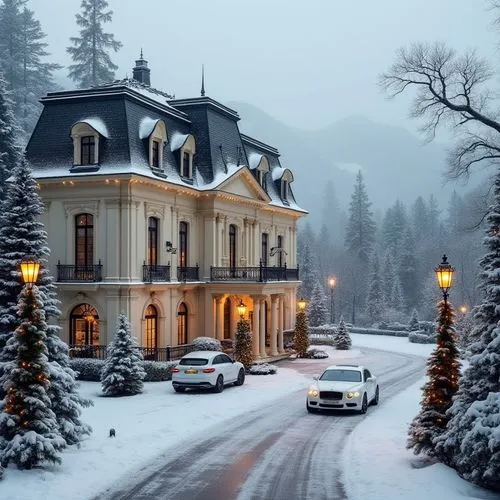 Snow-covered luxury mansion in a French neoclassical style, surrounded by a serene winter landscape. The mansion features a light cream facade with intricate columns, ornate moldings, and tall arched 