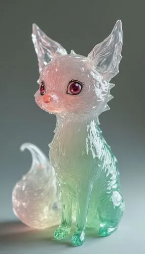 [Fox] figurine by glass, in the style of layered translucency, [green] and [pink], Light], 20 megapixels, transparency,a glass animal sitting in the middle of a table,white fox,glass yard ornament,san