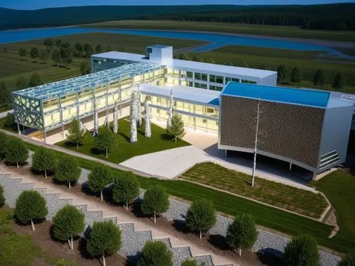 a building that is surrounded by trees and grass,skolkovo,phototherapeutics,novozymes,technopark,biotechnology research institute,czarnuszka plant,voestalpine,vostochny,biozentrum,wartsila,technopolis
