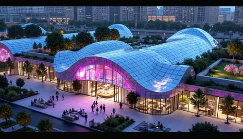 Futuristic science center, dynamic LED lights, undulating curves, parametric architecture, iridescent glass fa\u00e7ade, shimmering metal panels, angular lines, cantilevered structures, rooftop garden