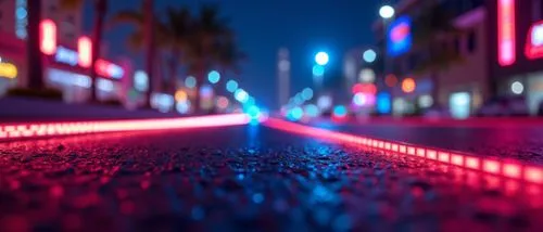 miami beach,cyberpunk,there is a blurry po of the street lights and streets,outrun,light trail,colored lights,light trails,neon arrows,light track,pedestrian lights,slights,night lights,neon lights,st
