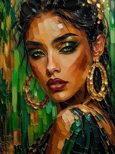 Prompt: "Impasto oil painting, intense portrait of a woman with piercing green eyes and vibrant metallic makeup. Broad, expressive palette knife scrapes define the structure of her face. The large gol