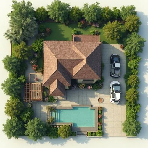 a render of a landscape siteplan, backyard design, pergola in upper corner, tile flooring, L-shaped house in the middle, a parking for 3 cars in the right side of the house


,an aerial view of a hous