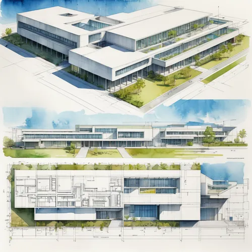 Watercolor (architecture exterior plan:1.2) for a modern school building (Riken Yamamoto:1.3), straight lines, square forms, penetrating lighting, dynamic spatial sequences, connecting spaces that fos