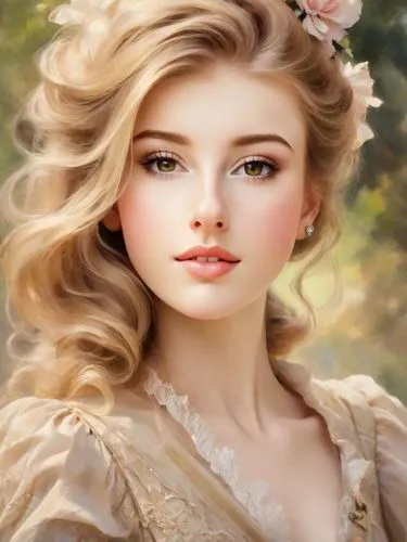 beautiful blonde lady, sophisitcated, Edwardian era, dressed up in Piccadilly in a carriage,a close up po of a woman with flowers on her head,romantic portrait,romantic look,jessamine,noblewoman,fanta