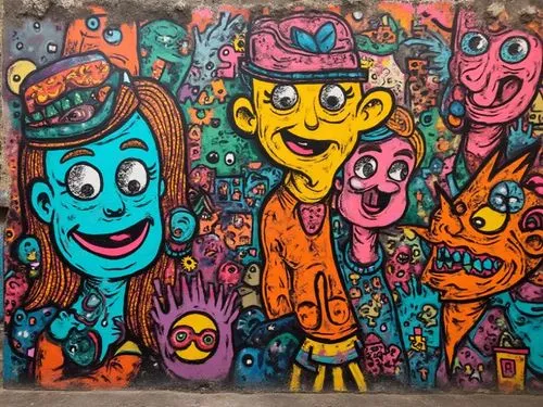 1970s Hippie Graffiti, street art. Pop art, inspired by HARING and LICHTENSTEIN,the street has a colorful mural on it,mural,multicolor faces,graffiti art,cartoon people,retro cartoon people,graffiti,f