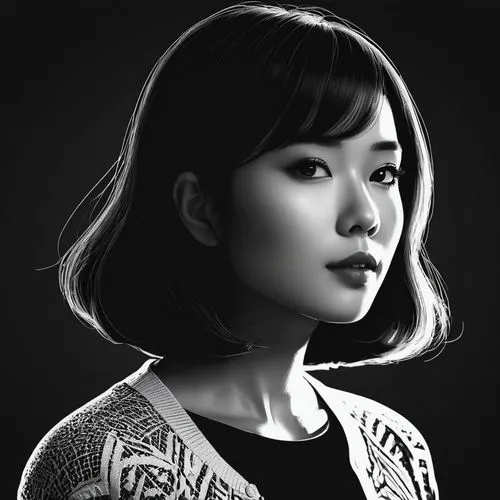 Gros plan d'une jeune femme asiatique aux cheveux courts et foncés, coiffés en une coupe droite avec une frange. Elle a les yeux foncés et une expression légèrement mélancolique ou pensive. Sa peau es