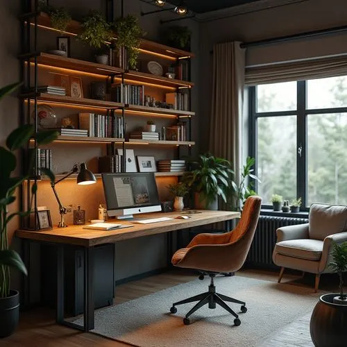 Stylish home office, serene and focused environment, large wooden desk with a sleek chair, high shelves filled with books, warm ambient lighting with a task lamp, industrial design elements, metal and