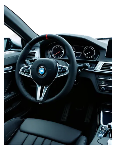 BMW car, shiny black paint, sporty wheels, luxurious interior, leather seats, metallic trim, dashboard with navigation system, steering wheel with BMW logo, side view, low-angle shot, dramatic lightin