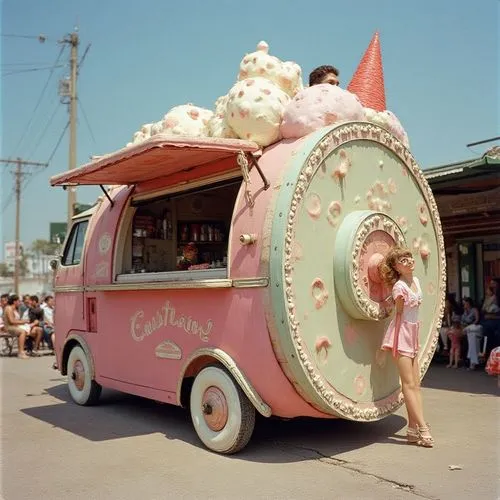 Imagine the ice cream shop of your wildest summer childhood daydreams in giant wheel ice-cream scoop on wheels,a person standing outside in front of a trailer with an unusual food vendor selling donut
