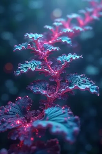 Close-up slow motion shot: The camera zooms in on a fractal plant that grows in slow, fluid motion. The leaves and vines twist and multiply in perfect fractal symmetry, glowing with neon colors--pinks
