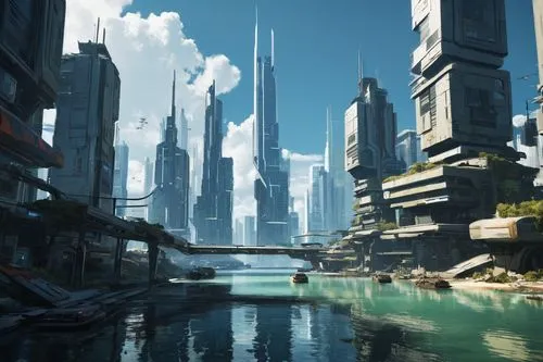  Game Scene, Wild angle view  Game Scene, Wild angle view a beautiful utopia  futuristic city, on the lake shore, modern  buildings,a sci - fi city is shown from an alleyway,futuristic landscape,metro
