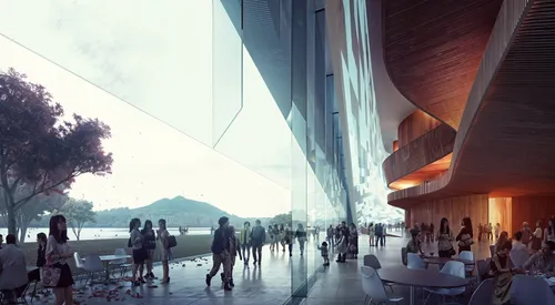 commercial space,people sitting and walking at the end of a large building,snohetta,renderings,futuristic art museum,bjarke,unbuilt,3d rendering,sky space concept,futuristic architecture,render,heathe
