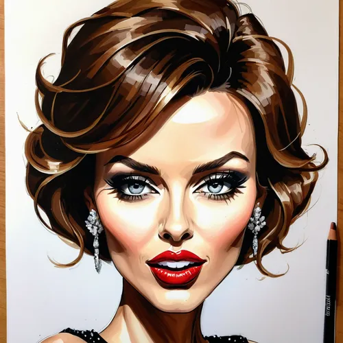 Create a caricature of Dannii Minogue with exaggerated features,fashion illustration,pop art style,art painting,oil painting on canvas,caricaturist,airbrushed,photo painting,bouffant,cool pop art,oil 