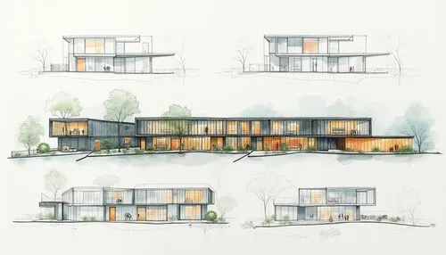 architectural design drawings are arranged according to the layout, Architectural Design Exhibition Board , Watercolor (architecture exterior plan:1.2) for a building community (Riken Yamamoto:1.3), s