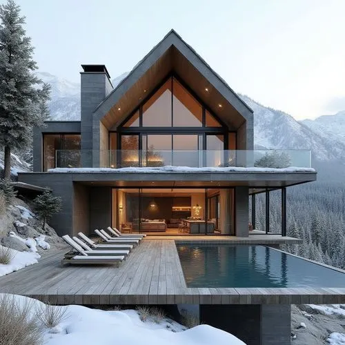 A hyper-realistic, high-resolution architectural photograph of a luxurious, alpine-style modern villa nestled in a mountainous landscape. The home features a prominent A-frame roof and is constructed