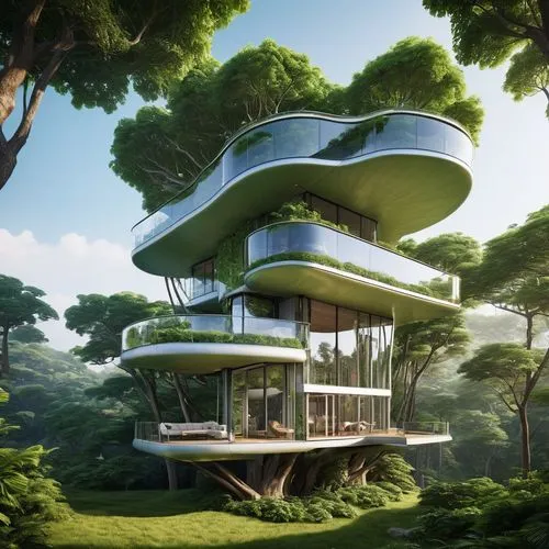tree house design, House on the Tree, A modern house suspended between big trees, with direct elevators and french window
,futuristic architecture,tree house,tree house hotel,futuristic landscape,cube