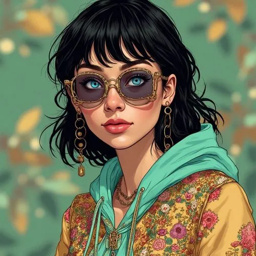 Woman with black hair and pastel color hoodie Generative AI, A detailed digital illustration featuring a woman with intense blue eyes, her facial beauty captured in a blur of elegant gold and green, c
