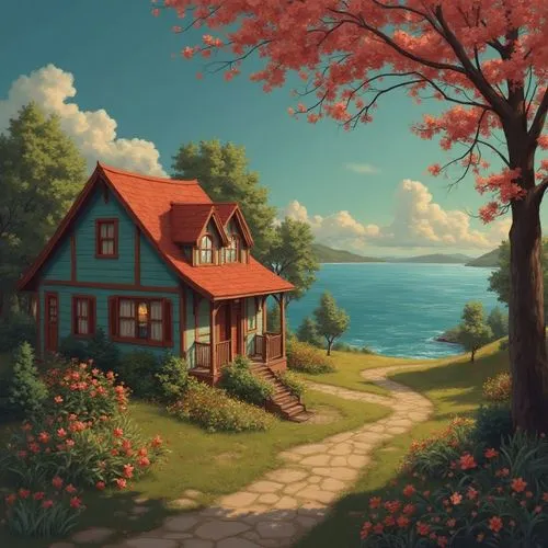 it's okay I've always wanted to go home,a beautiful little house next to a tree and a body of water,summer cottage,home landscape,cottage,lonely house,little house,seaside country,landscape background