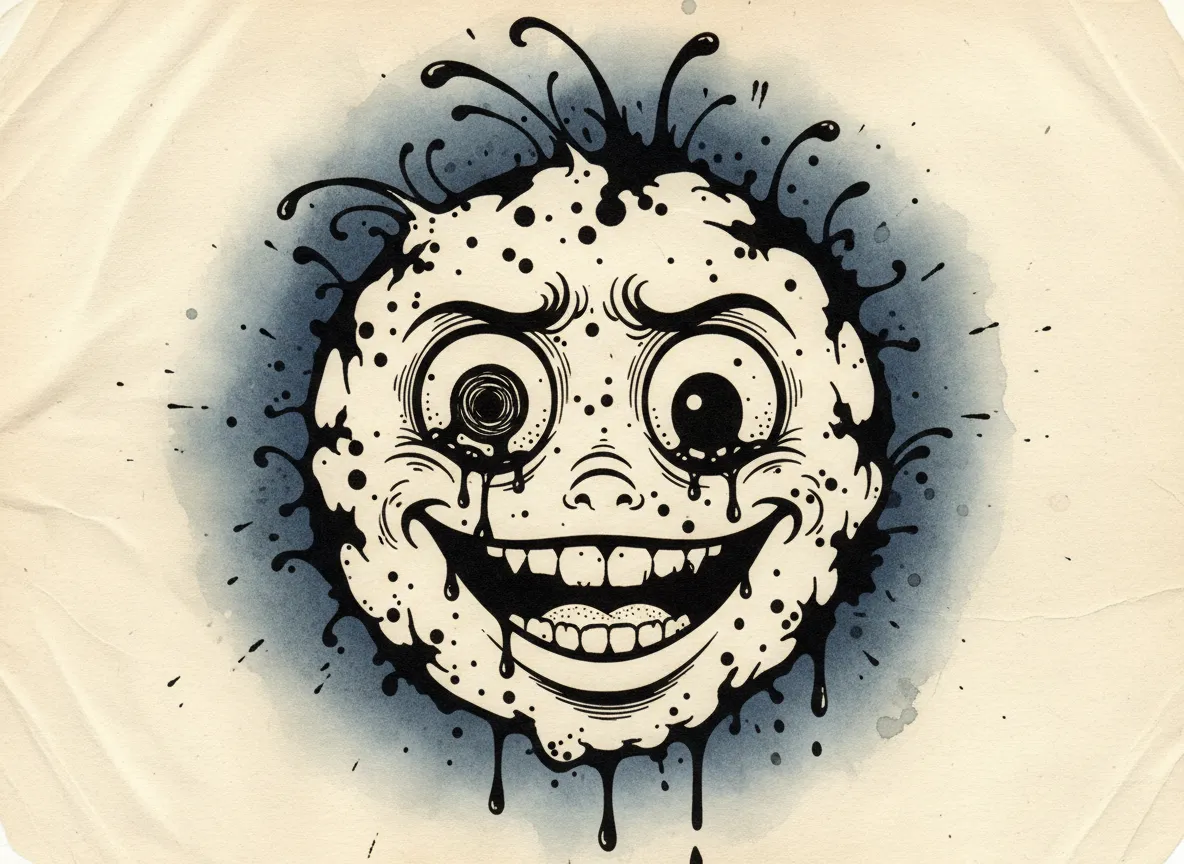 Primo piano sul volto di un personaggio dei cartoni animati generato, che evidenzia il dettagliato stile a macchia d'inchiostro e gli occhi espressivi.