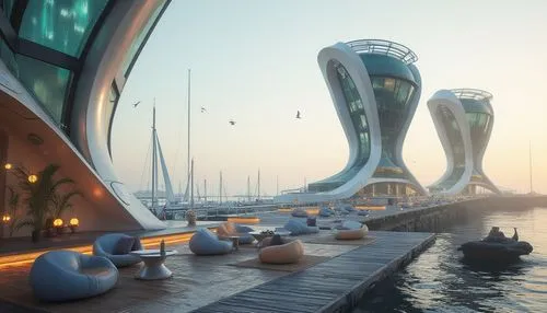 Futuristic watching towers, sleek modern design, curved glass facades, metallic accents, LED light installations, waterfront promenade, serene ocean views, sailboats, seagulls, misty morning atmospher