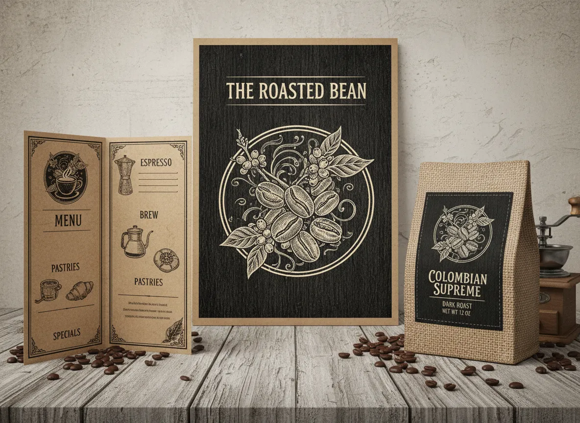 Ein KI-generiertes Bild von Branding-Materialien eines Cafés – ein Plakat, eine Speisekarte und eine Kaffeetüte – alle mit einer einheitlichen Scratchboard-Illustration von Kaffeebohnen.