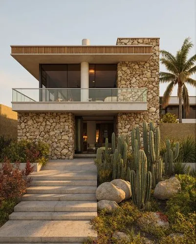 A tropical-modern house with stone and wood cladding. The exterior features desert landscaping with tall cacti and boulders. Warm lighting accentuates the facade's textures, while a staircase leads to