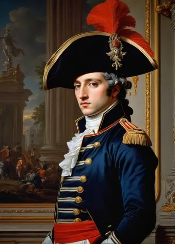 Napoleon AI, majestic posture, iconic bicorne hat, white shirt with golden buttons, dark blue jacket with gold trim, red sash around waist, black trousers with silver stripe, authoritative facial expr