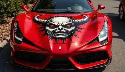 red sports car with bull painted on front windshield,bedevil,devil,prancing horse,fire devil,devilish,devils