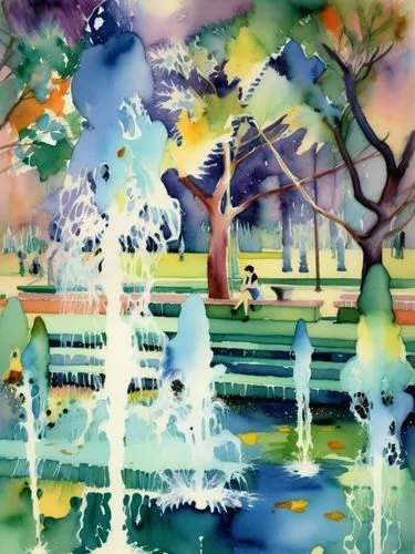 Акварель, весенняя листва, белые струи фонтанов,watercolour painting of two people sitting and talking in front of a fountain,watercolor background,watercolor palm trees,watercolor,watercolor paintin