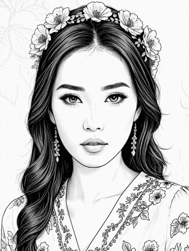 an image of a woman with flower headpieces,flower line art,fashion vector,coreldraw,boho art style,coloring page,margaery,Design Sketch,Design Sketch,Black and white Comic