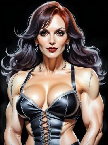 half figure Rough (color pencil sketch on old cracked paper), 
((Young) beautiful goth female (Marilu Henner, (muscle babe, big muscles, defined muscles)), in corsette),
 cruel seductive smile, dark s