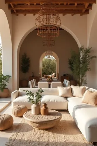 A stunning and harmonious interior space effortlessly blends Moroccan-inspired architectural elements with a modern, minimalist aesthetic. The warm, earthy tones, arched doorways, and intricate light