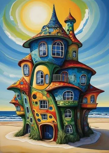 a painting of a house made of multicolored houses,beach hut,house of the sea,playhouses,beach house,seaside resort,house painting,fisherman's house,hanging houses,bird house,little house,stilt houses,