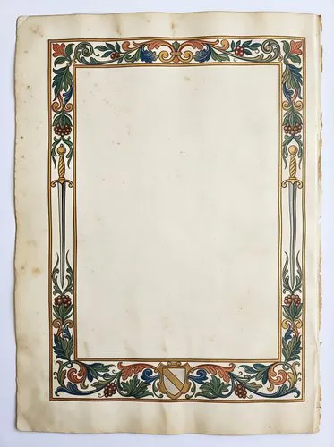 Thin, close to the border of the page, a vibrant hand-painted Renaissance page: a portrait-oriented sheet of aged cream paper with subtle foxing and deckled edges, featuring a central empty field that