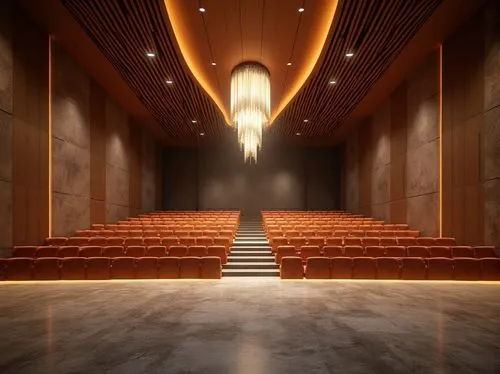 Auditorium interior design, modern architecture, granite walls, polished stone floor, luxurious seats, wooden stage, grand chandelier, high ceiling, dramatic lighting, spotlights, 3/4 composition, wid