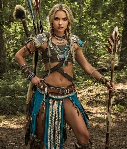 female algonquin blonde  warrior,a woman dressed in tribal gear stands with two arrows,female warrior,warrior woman,tribal,fantasy warrior,tribal arrows,barbarian,warrior east,amazonian,shaman,viking,