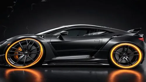 the black sports car with orange rims is shown,electric sports car,sport car,carbon,luxury sports car,sports car,senna,super car,tron,black beetle,car wallpapers,design of the rims,anthracite,tires an